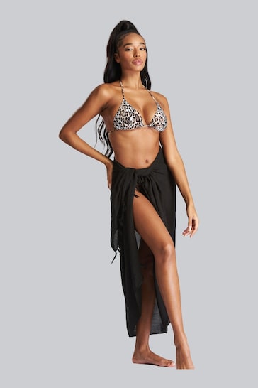 South Beach Black Crinkle Viscose Fringed Sarong Cover-Up