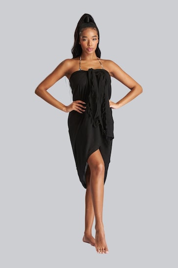 South Beach Black Crinkle Viscose Fringed Sarong Cover-Up
