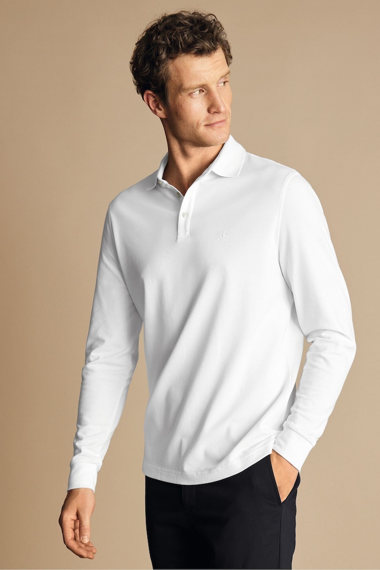 Charles Tyrwhitt White Solid Long Sleeve Plain Tyrwhitt Pique Polo Shirt - Image 2 of 6