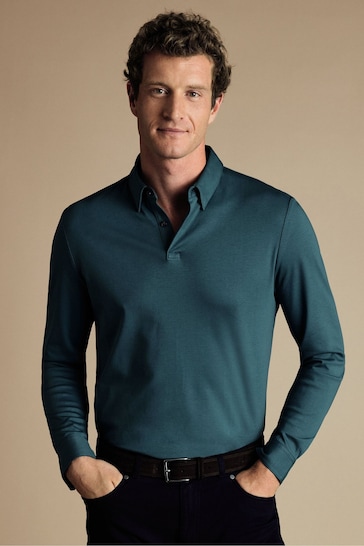 Charles Tyrwhitt Blue Light Plain Long Sleeve Jersey Polo Shirt