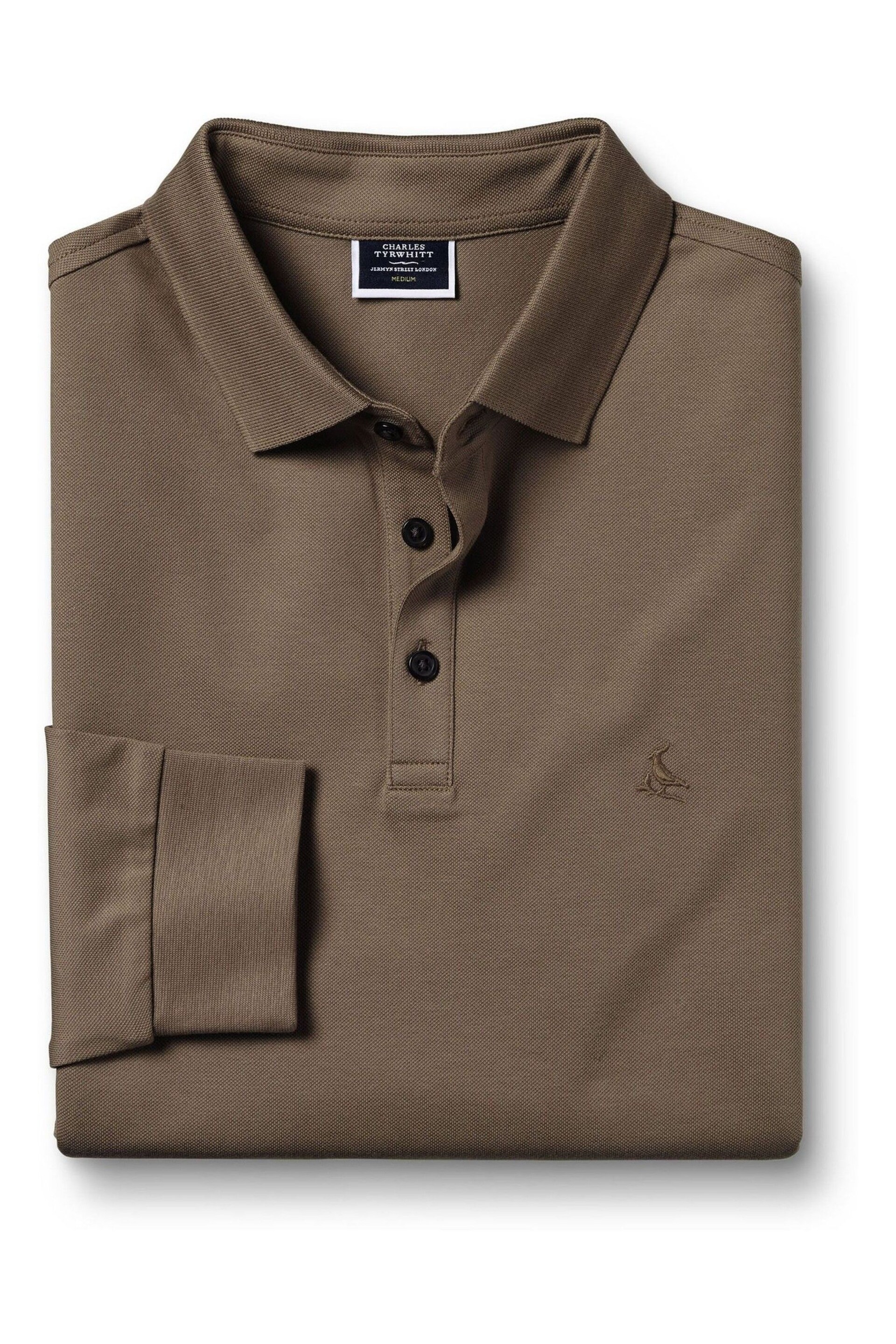 Charles Tyrwhitt Brown Solid Long Sleeve Plain Tyrwhitt Pique Polo Shirt - Image 3 of 5