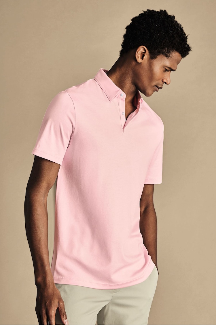 Charles Tyrwhitt Pink 100% Cotton Plain Short Sleeve Jersey Polo Shirt - Image 1 of 5