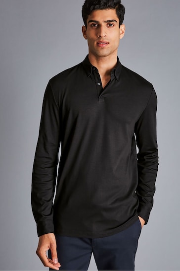 Charles Tyrwhitt Black Plain Long Sleeve Jersey Polo Shirt