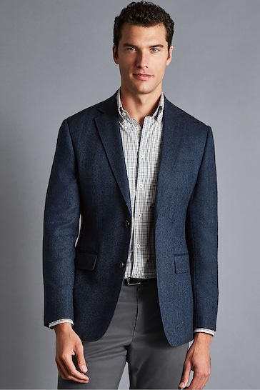 Charles Tyrwhitt Blue Herringbone Wool Texture Classic Fit Jacket