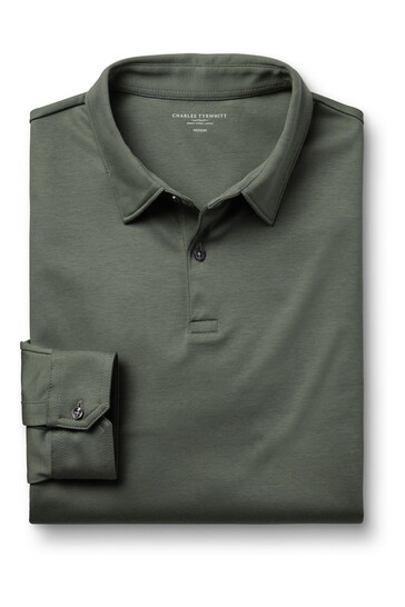 Charles Tyrwhitt Grey Plain Long Sleeve Jersey Polo Shirt