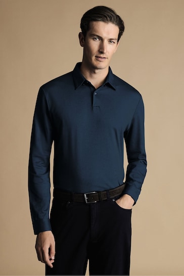 Charles Tyrwhitt Blue Plain Long Sleeve Jersey Polo Shirt