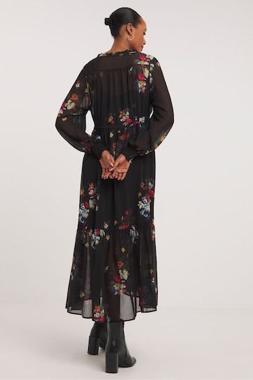 JD Williams Black Floral Chiffon Smock Dress