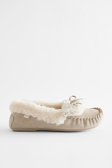 Stone Suede Moccasin Slippers