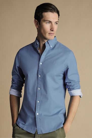 Charles Tyrwhitt Blue Plain Slim Fit Button-down Washed Oxford Shirt