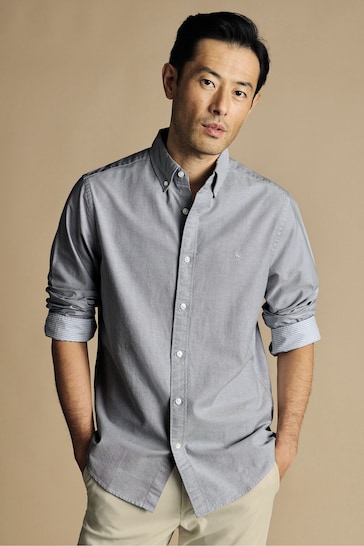 Charles Tyrwhitt Grey Plain Slim Fit Button-down Washed Oxford Shirt