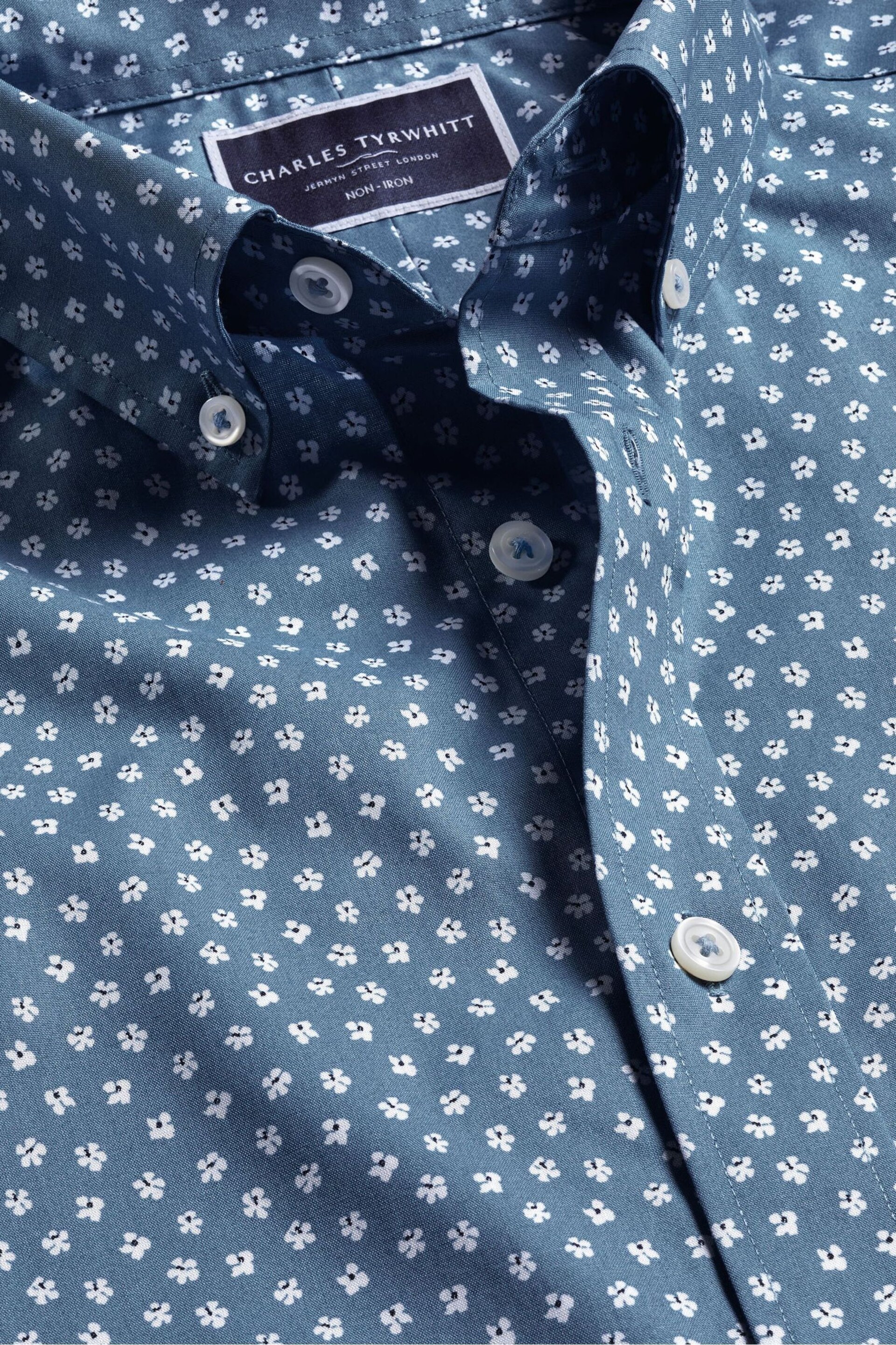 Charles Tyrwhitt Blue Floral Non-iron Stretch Print Slim Fit Shirt - Image 6 of 7