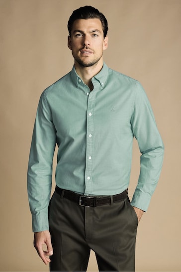 Charles Tyrwhitt Green Plain Slim Fit Button-down Washed Oxford Shirt
