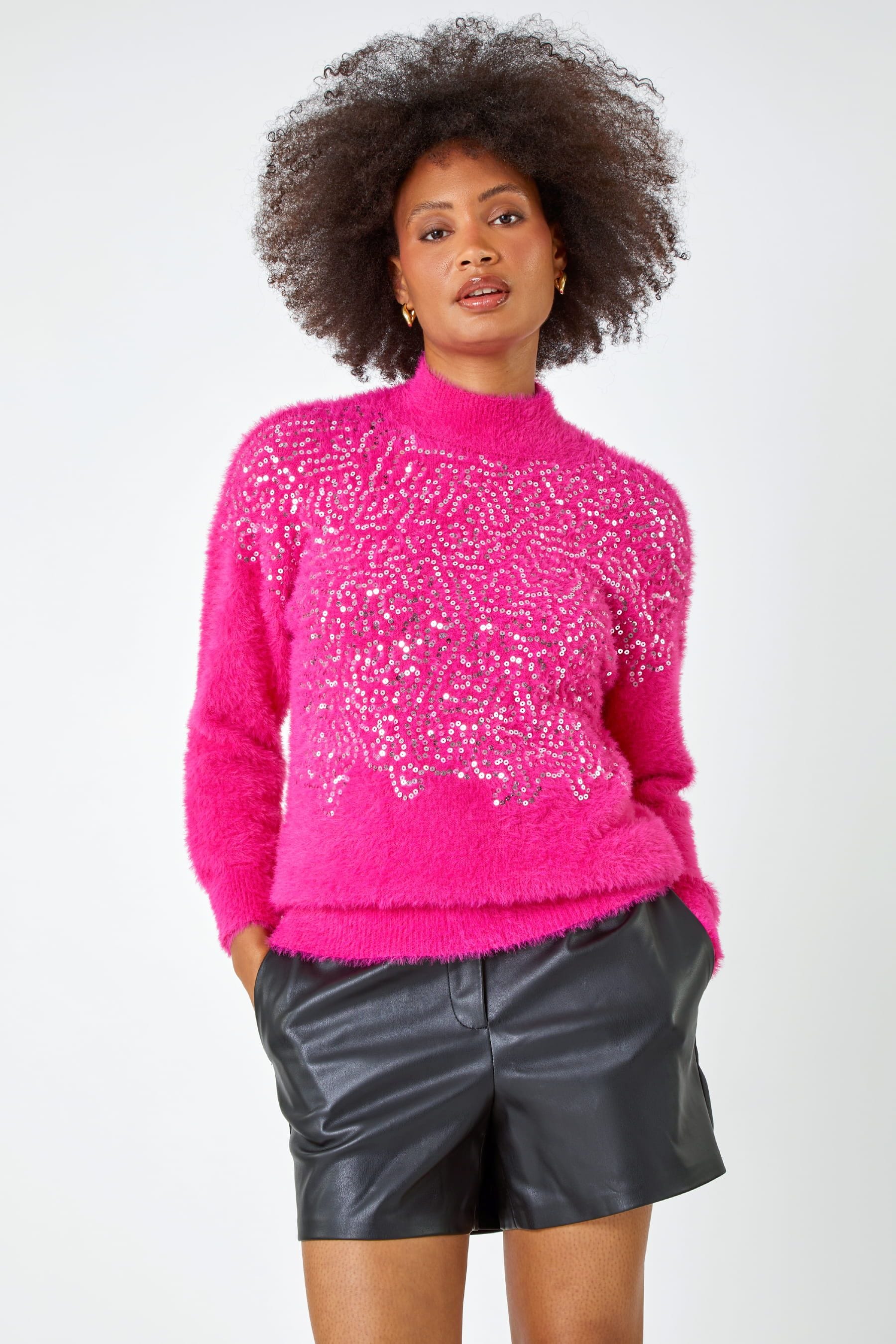 Buy Roman Pink Sequin Fluffy High Neck Jumper from the Next UK online shop