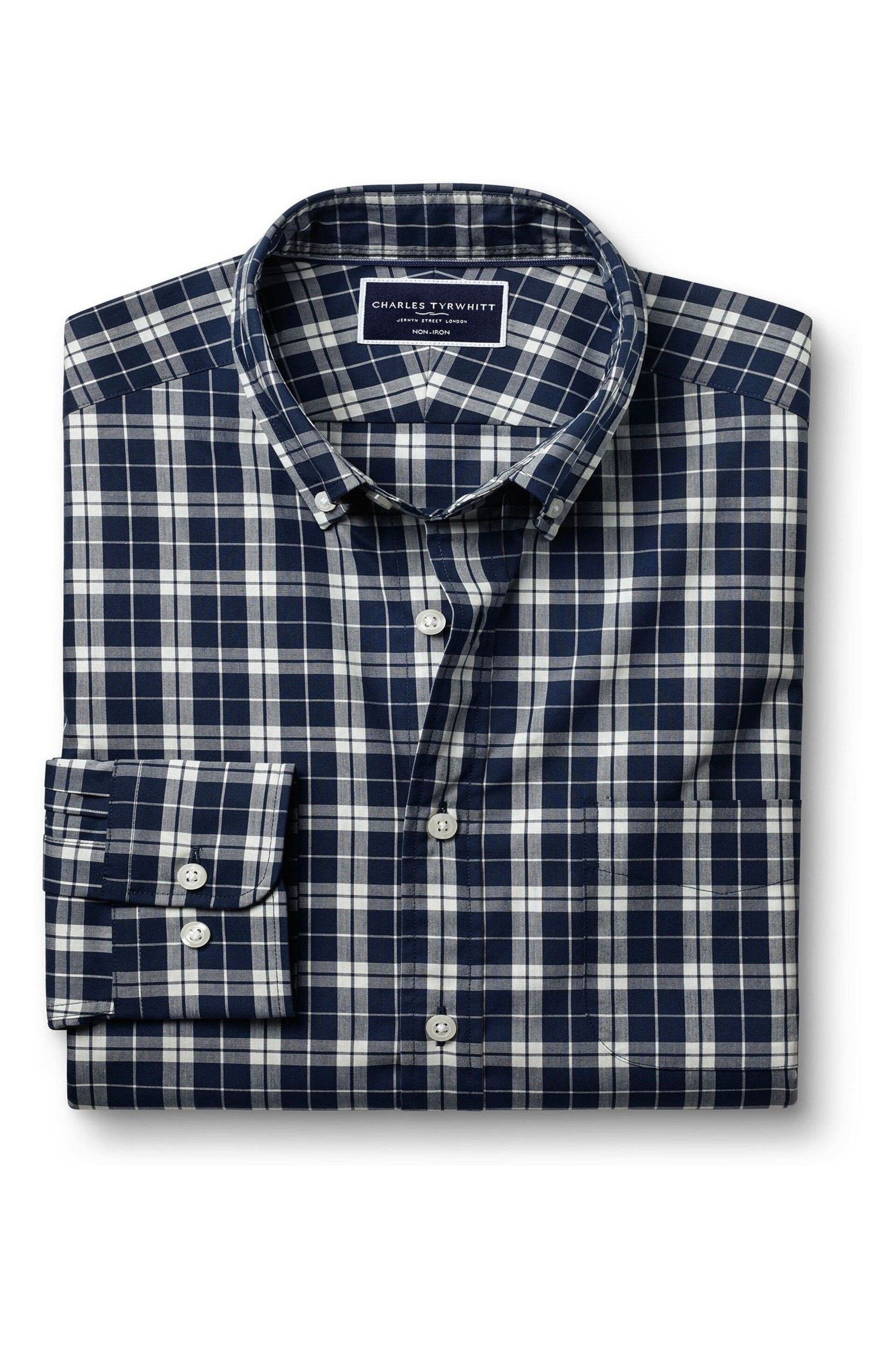 Charles Tyrwhitt Blue Check Non-Iron Stretch Poplin Slim Fit Shirt - Image 5 of 7