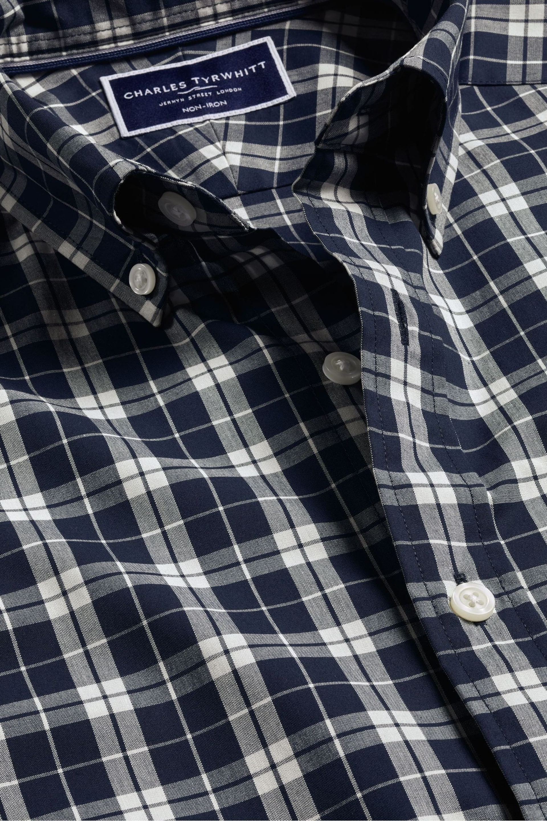 Charles Tyrwhitt Blue Check Non-Iron Stretch Poplin Slim Fit Shirt - Image 6 of 7