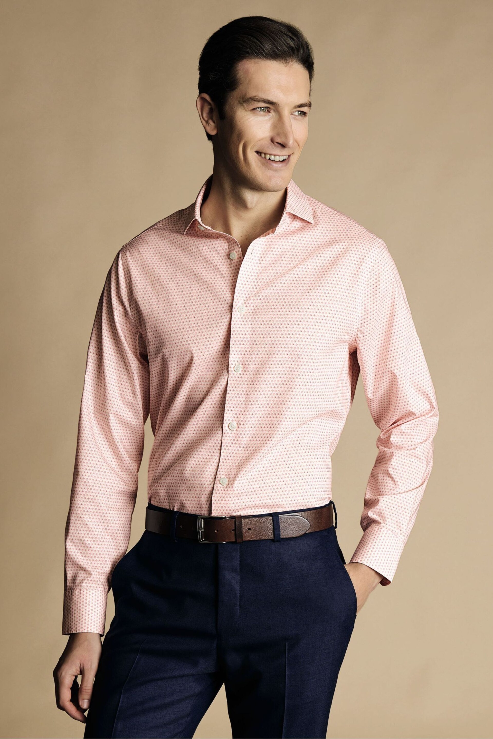 Charles Tyrwhitt Pink Slim Fit Ditsy Floral Non-Iron Print Shirt - Image 1 of 7