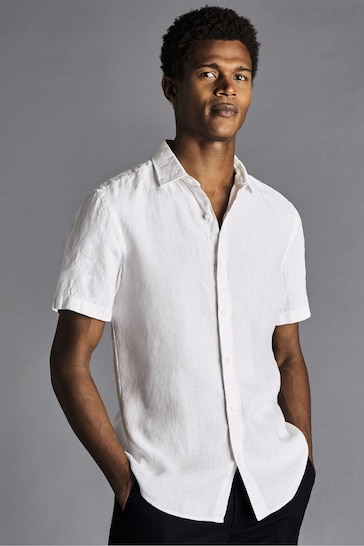 Charles Tyrwhitt White Slim Fit Plain Short Sleeve Pure Linen Shirt
