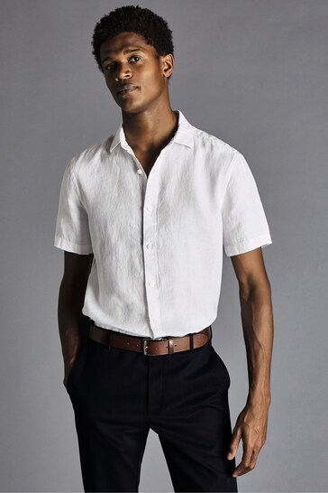 Charles Tyrwhitt White Slim Fit Plain Short Sleeve Pure Linen Shirt