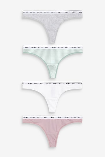 White/Grey/Pink/Light Green Thong Cotton Rich Logo Knickers 4 Pack
