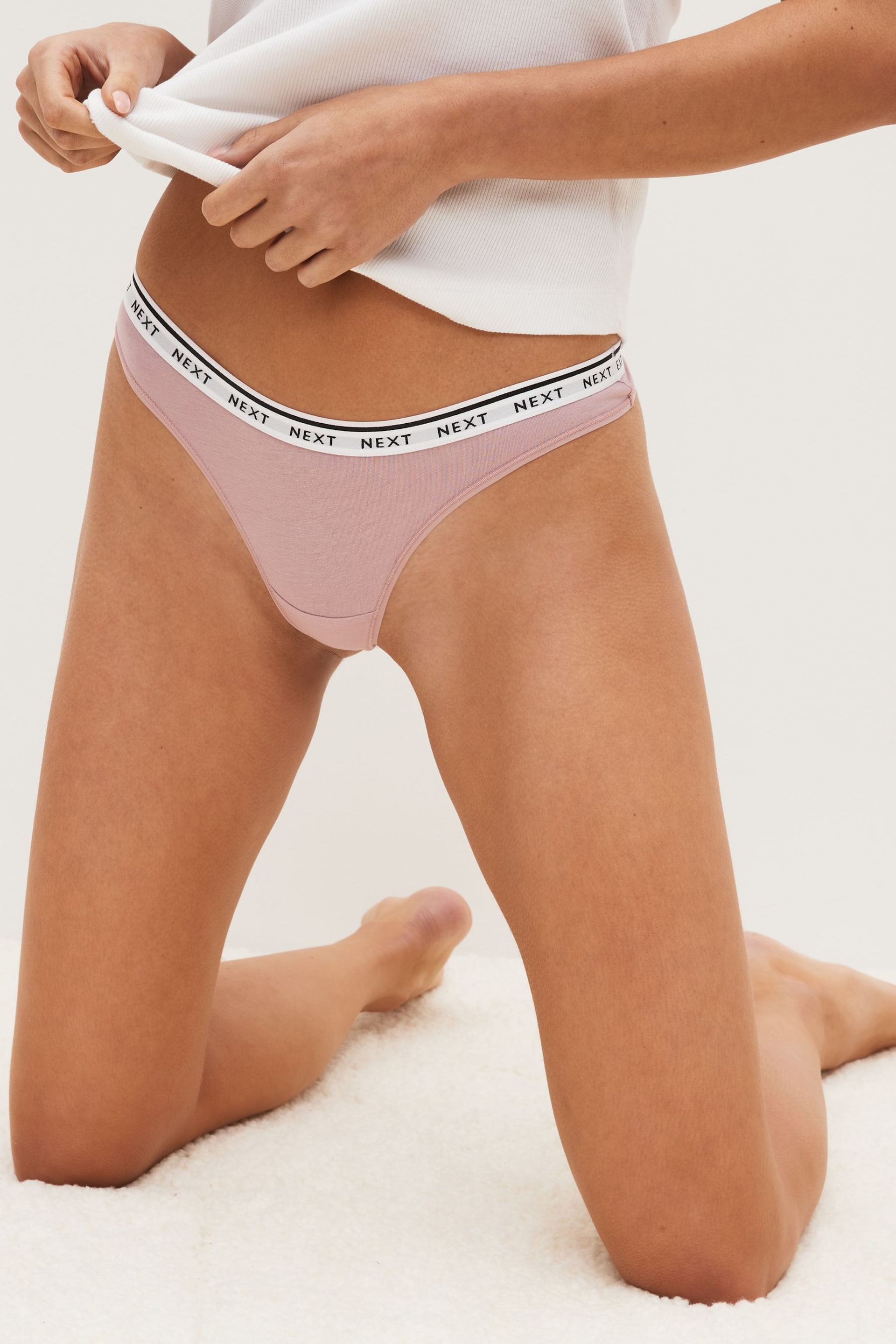 White/Grey/Pink/Light Green Thong Cotton Rich Logo Knickers 4 Pack - Image 2 of 8