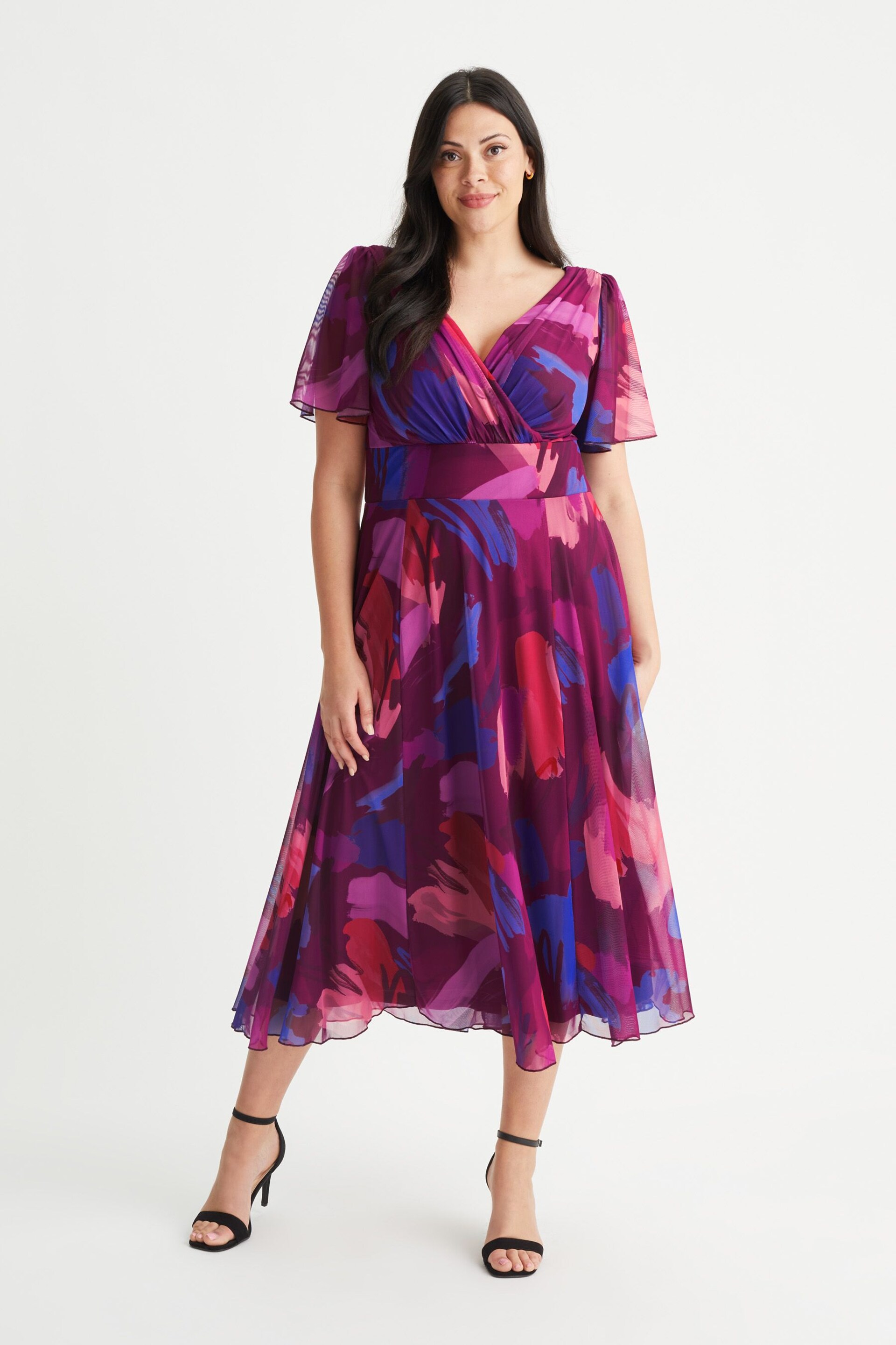 Scarlett & Jo Magenta Pink Splash Victoria Angel Sleeve Mesh Midi Dress - Image 1 of 4