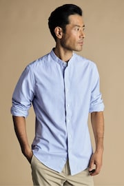 Charles Tyrwhitt Blue Slim Fit Stripe Stretch Washed Oxford Collarless Shirt - Image 1 of 7