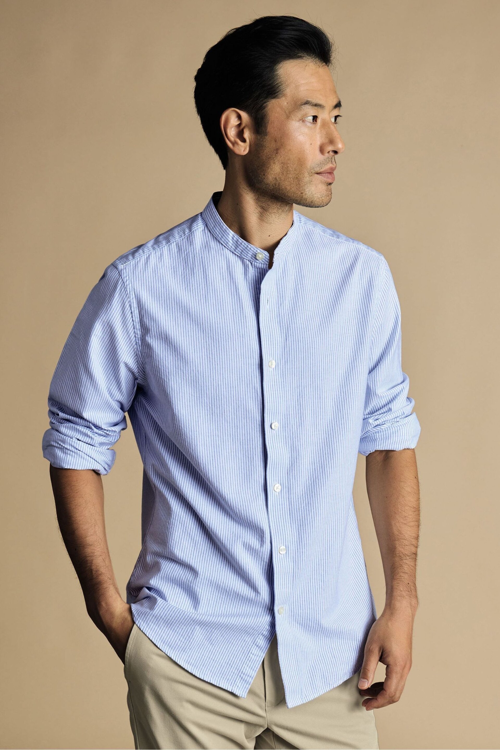 Charles Tyrwhitt Blue Slim Fit Stripe Stretch Washed Oxford Collarless Shirt - Image 1 of 7