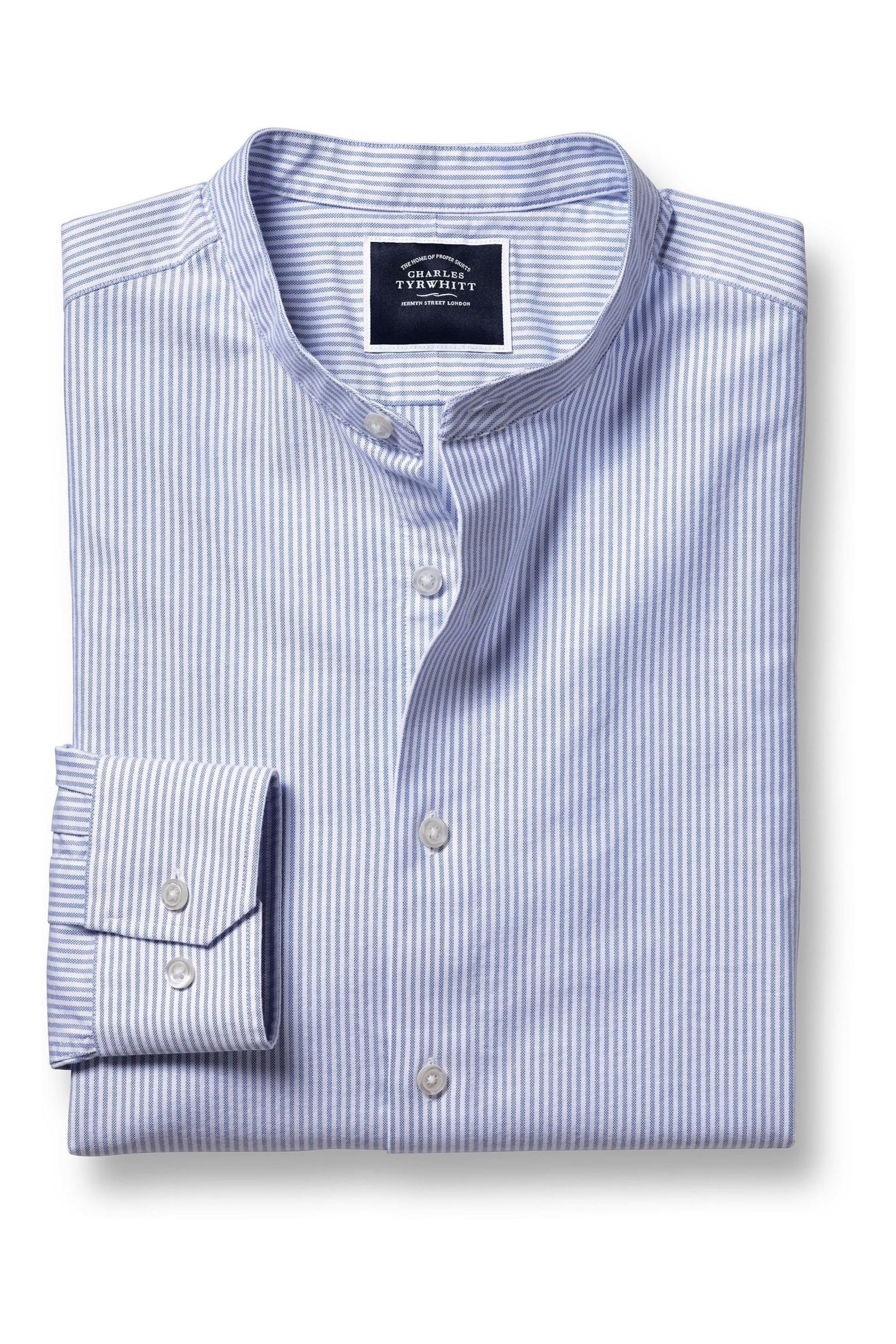 Charles Tyrwhitt Blue Slim Fit Stripe Stretch Washed Oxford Collarless Shirt - Image 5 of 7