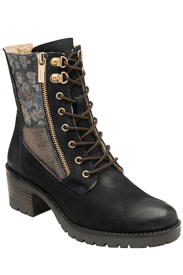 Lotus Navy Blue Leather Zip-Up Ankle Boots