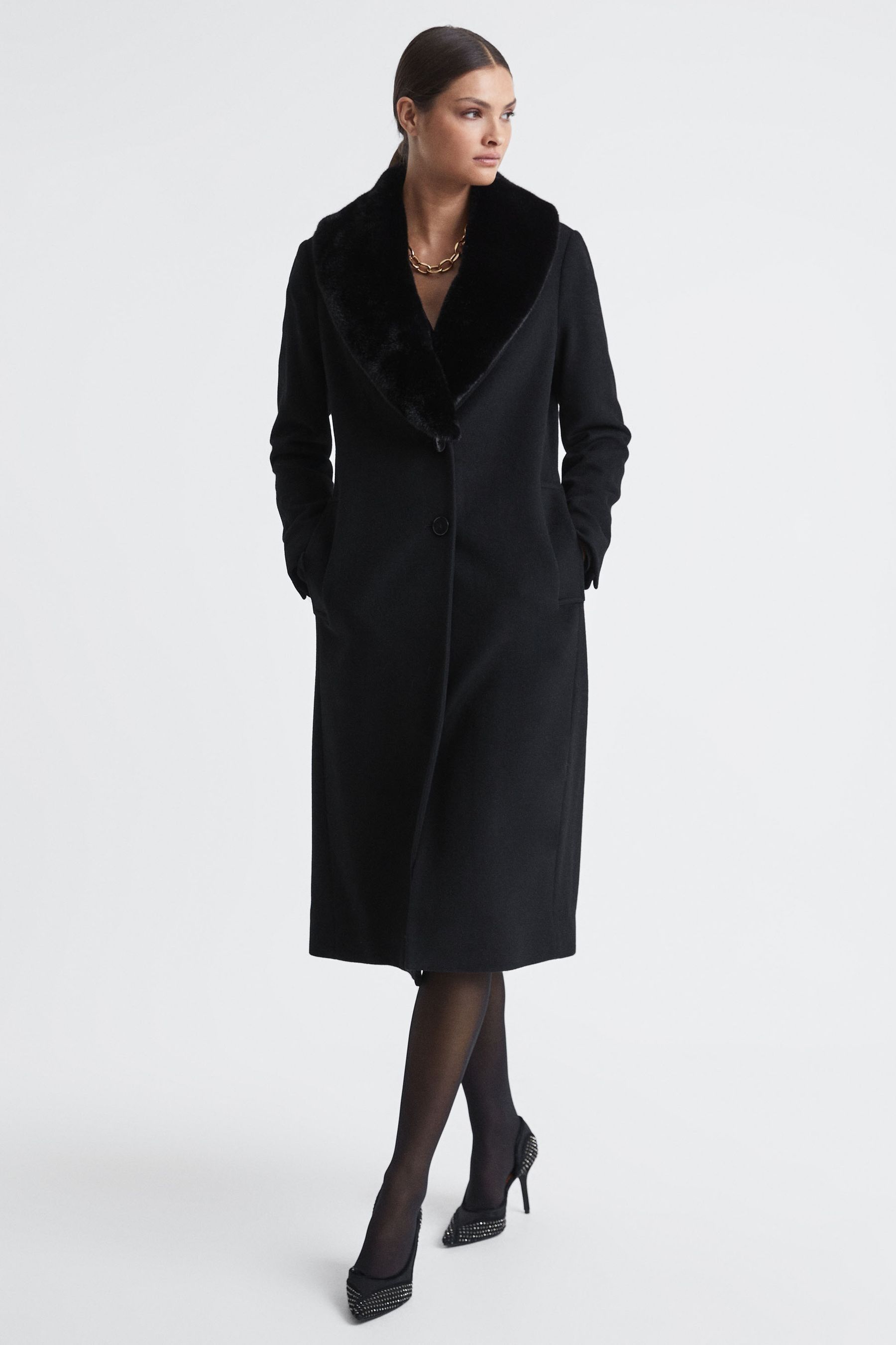Womens black wool coat with fur collar on sale