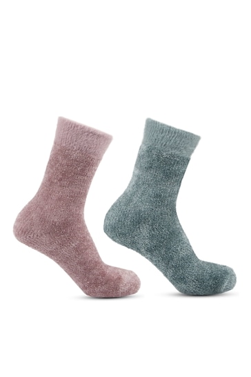 Totes Pink/Grey Ladies Chenille Bed 2 Pack Socks