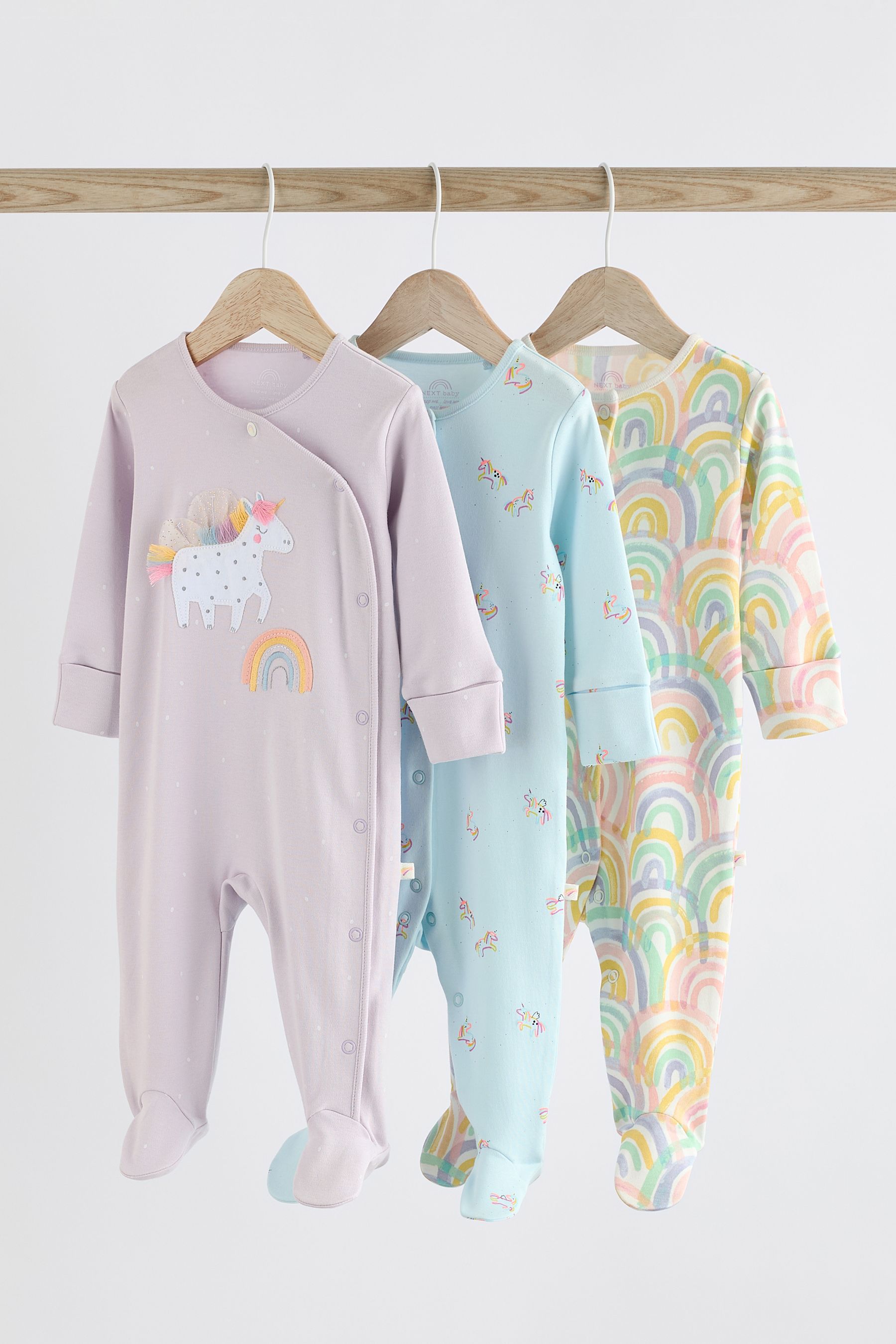 Purple Unicorn Baby 100 Cotton Sleepsuits 3 Pack 0mths 2yrs