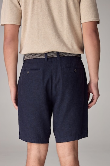 Navy Blue Linen Cotton Chino Shorts with Belt Included