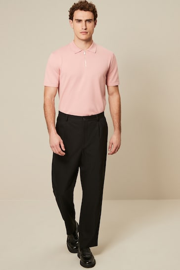 Pink Knitted Regular Fit Zip Polo Shirt