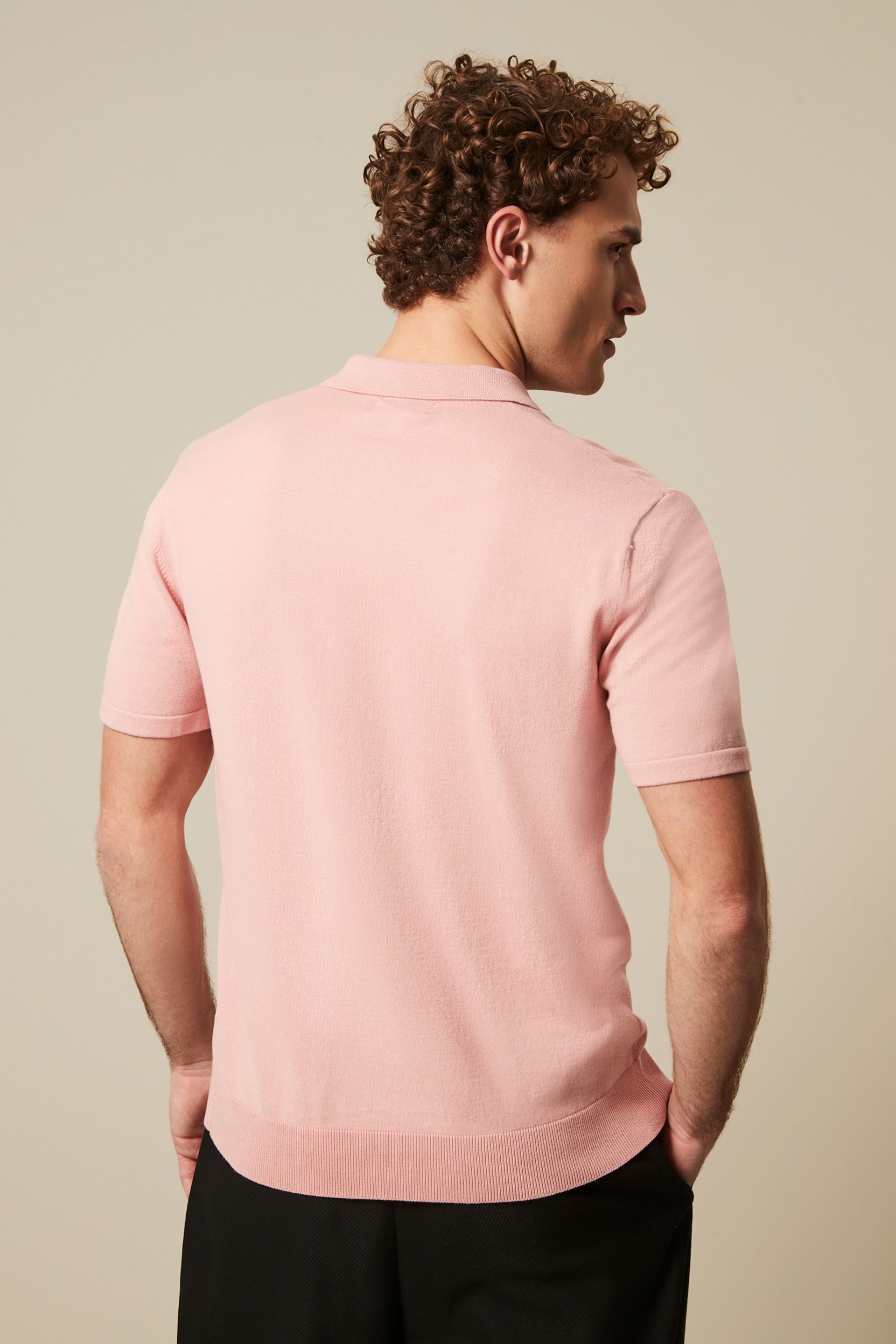 Pink Knitted Regular Fit Zip Polo Shirt - Image 3 of 7