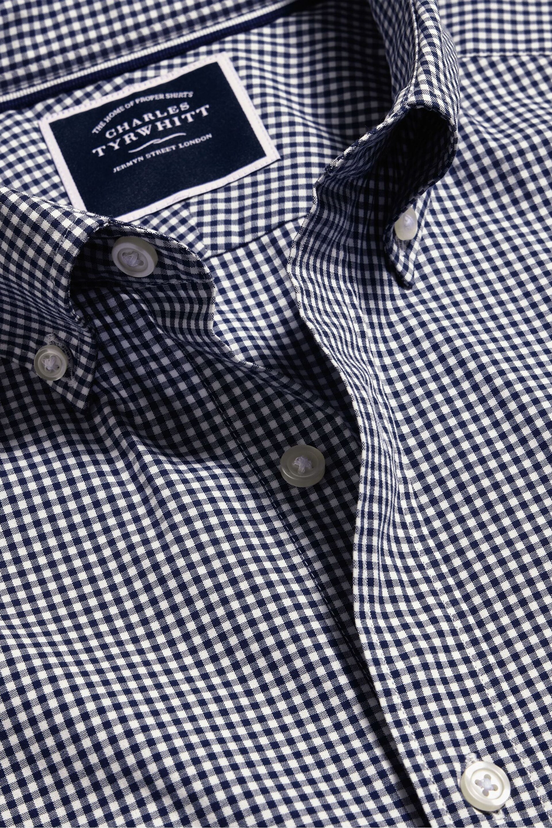 Charles Tyrwhitt Blue Slim Fit Mini Gingham Non-Iron Stretch Poplin Shirt - Image 5 of 6