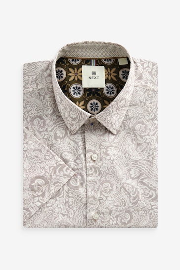 Neutral Brown Paisley Regular Fit Printed Short Sleeve Shirt