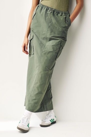 Khaki Green Cargo Midi Skirt