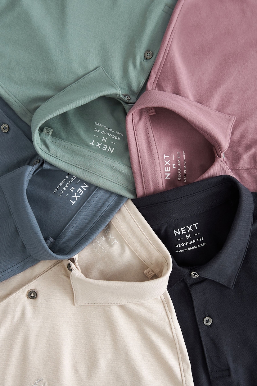 Navy/Light Neutral/Pink/Sage Green/Blue Regular Fit Regular Fit Short Sleeve Jersey Polo Shirts 5 Pack - Image 2 of 12