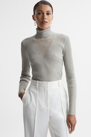 Reiss Silver Tanya Metallic Ribbed Mesh Panel Funnel Neck Top - Image 1 of 6