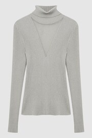 Reiss Silver Tanya Metallic Ribbed Mesh Panel Funnel Neck Top - Image 2 of 6