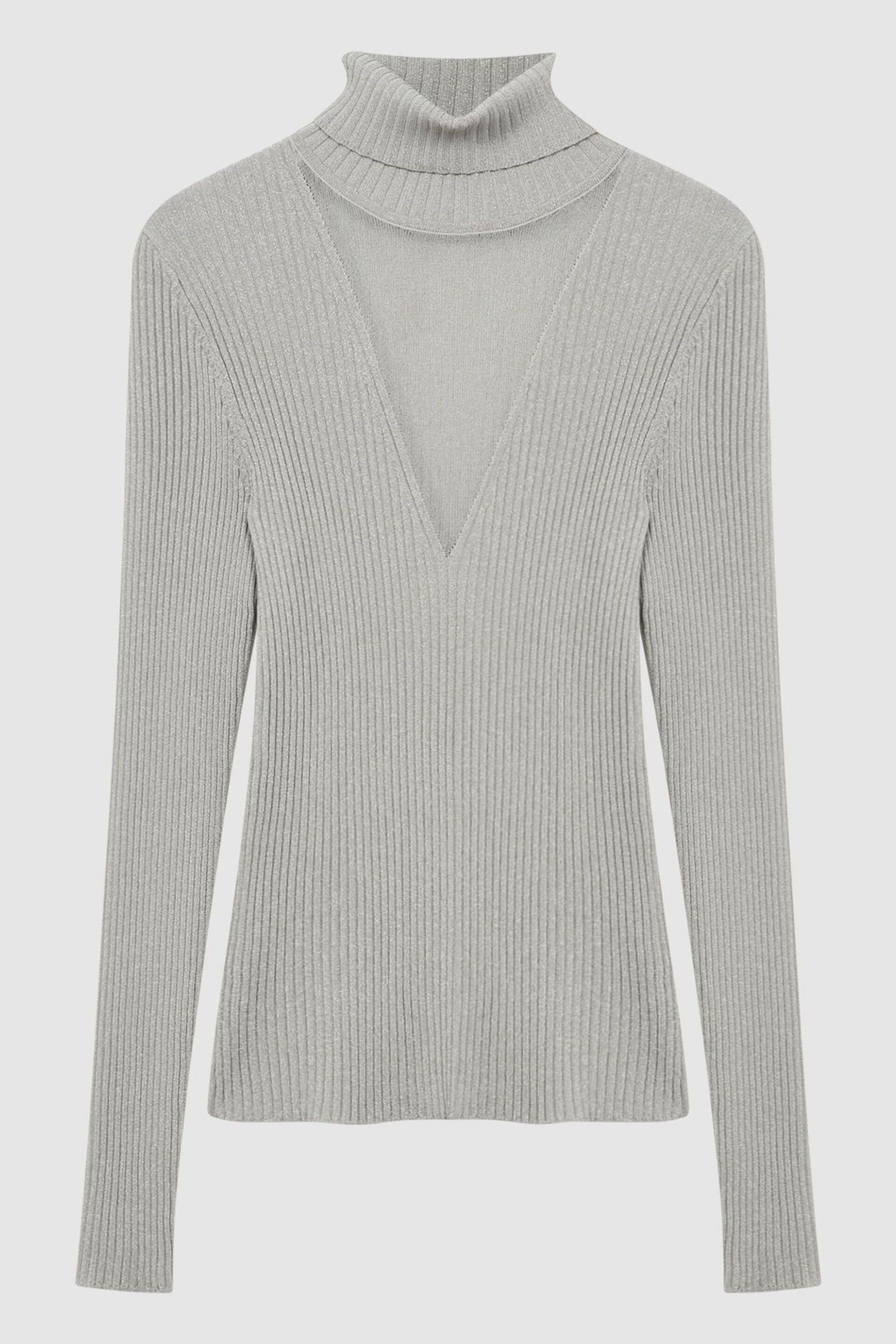 Reiss Silver Tanya Metallic Ribbed Mesh Panel Funnel Neck Top - Image 2 of 6