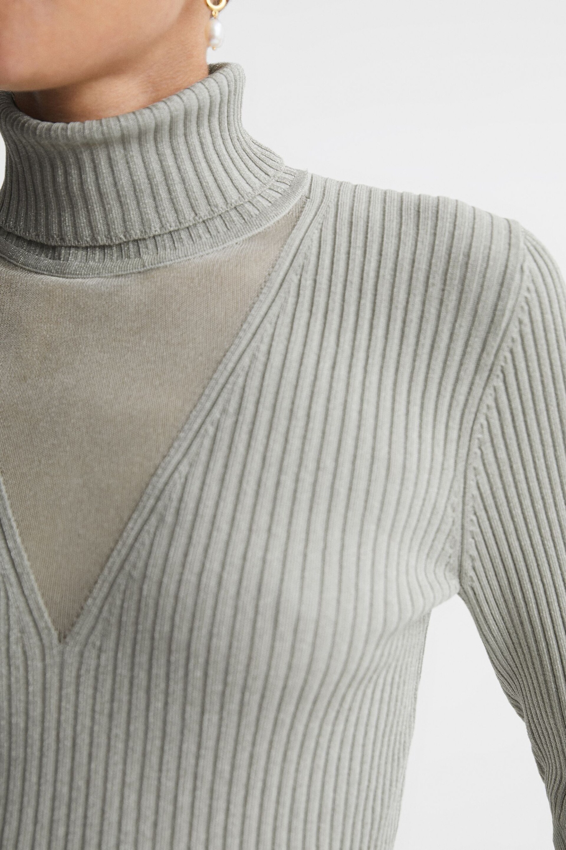 Reiss Silver Tanya Metallic Ribbed Mesh Panel Funnel Neck Top - Image 4 of 6