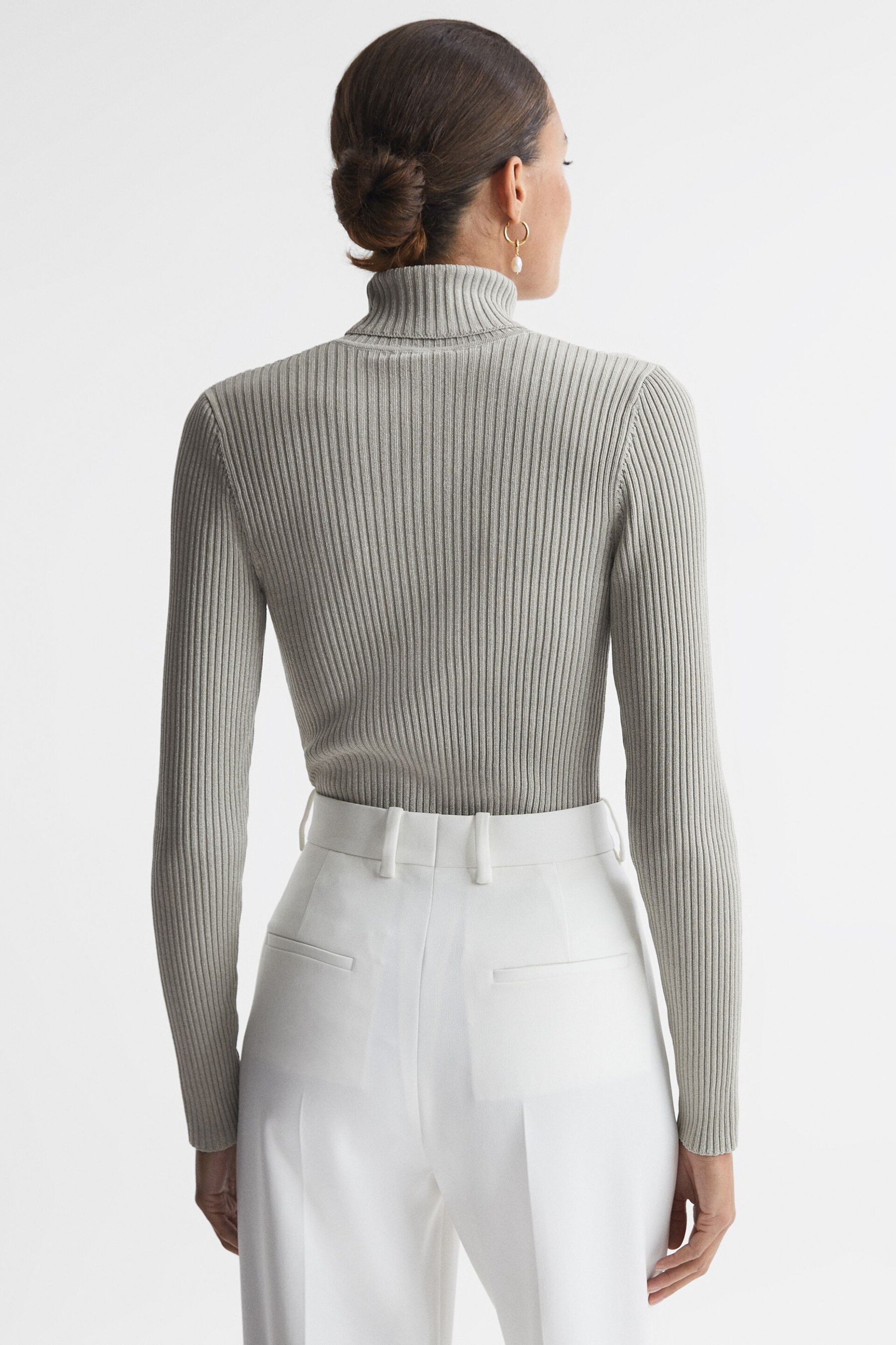 Reiss Silver Tanya Metallic Ribbed Mesh Panel Funnel Neck Top - Image 5 of 6