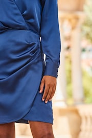 Sosandar Blue Satin Long Sleeve Wrap Dress - Image 5 of 5