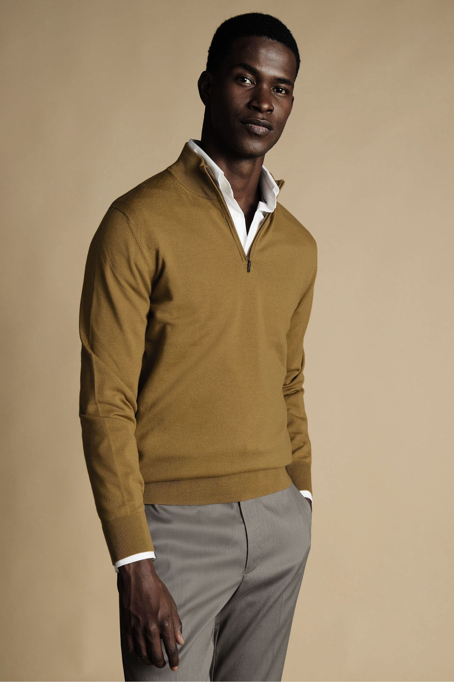 Charles Tyrwhitt Yellow Pure Merino Zip Neck Jumper - Image 1 of 5