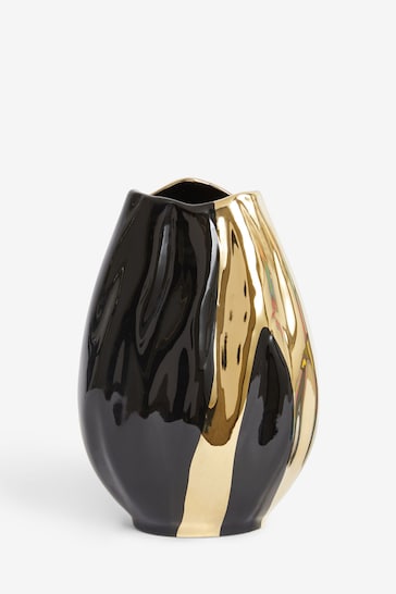 Black Gold Drip Statement Ceramic Vase