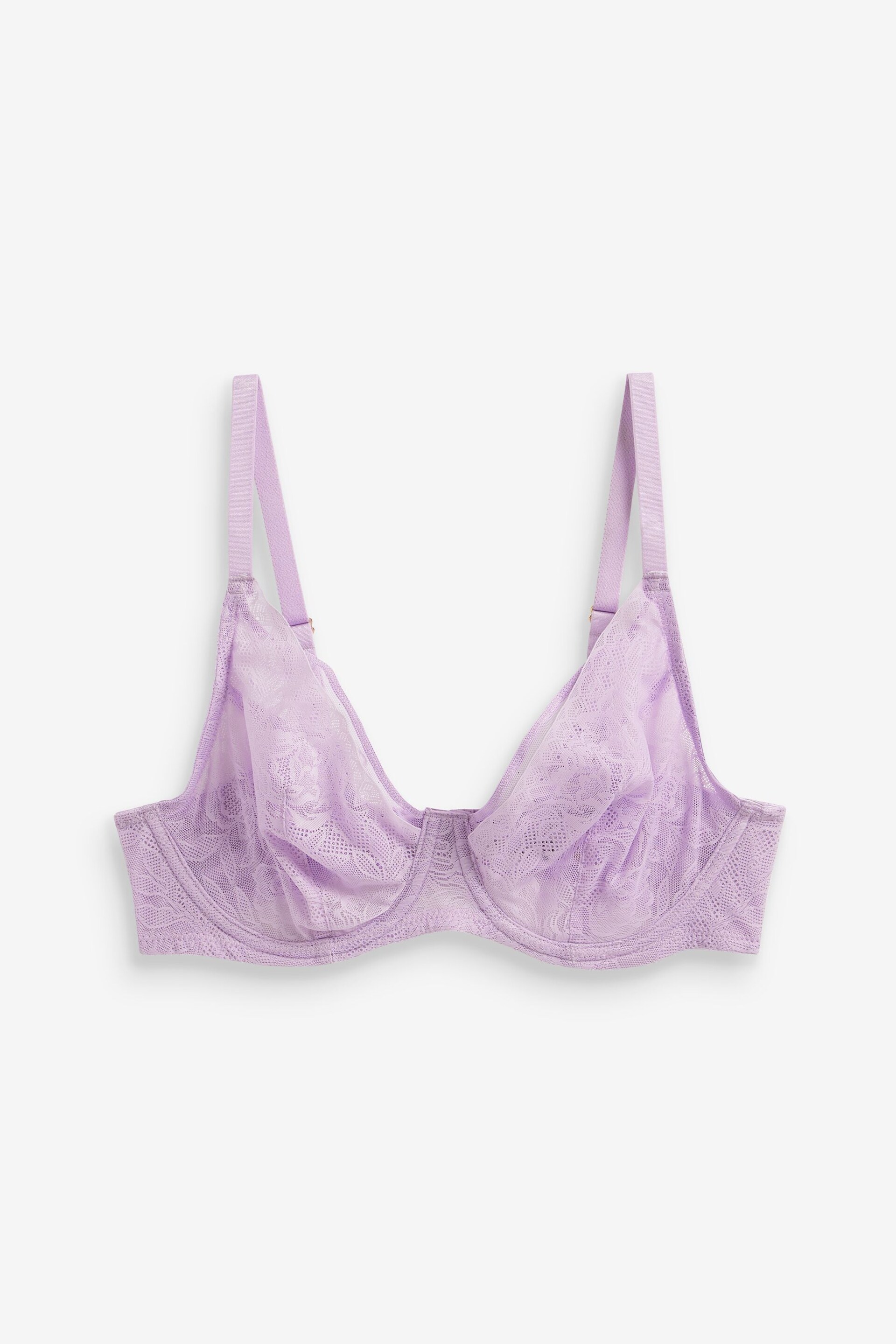 Lilac Purple DD+ Non Pad Plunge Floral Selvedge Lace Bra - Image 6 of 7