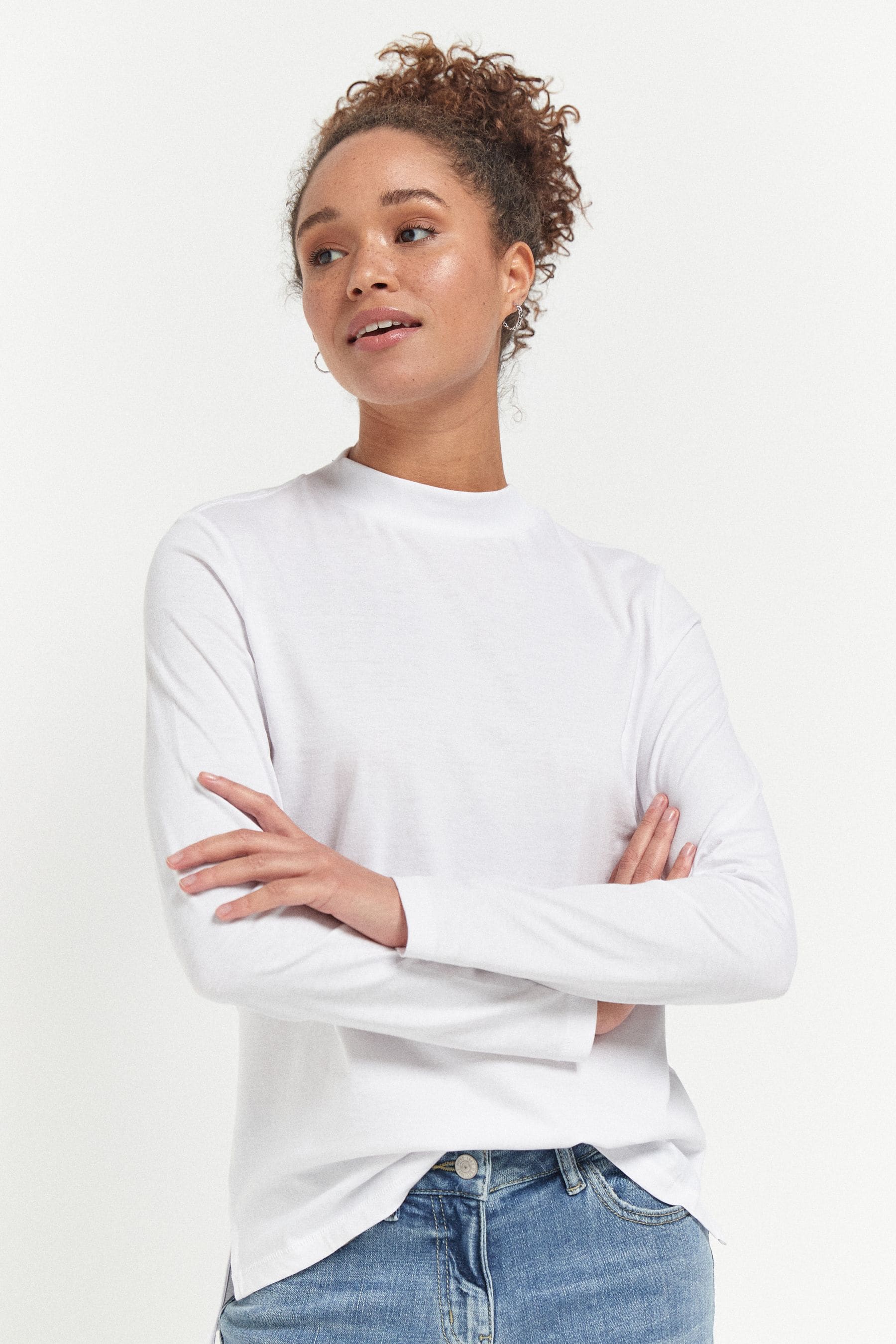 White High Neck Long Sleeve 100 Cotton Top