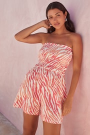 Coral Pink Zebra Bandeau Shirred 100% Cotton Playsuit - Image 4 of 7